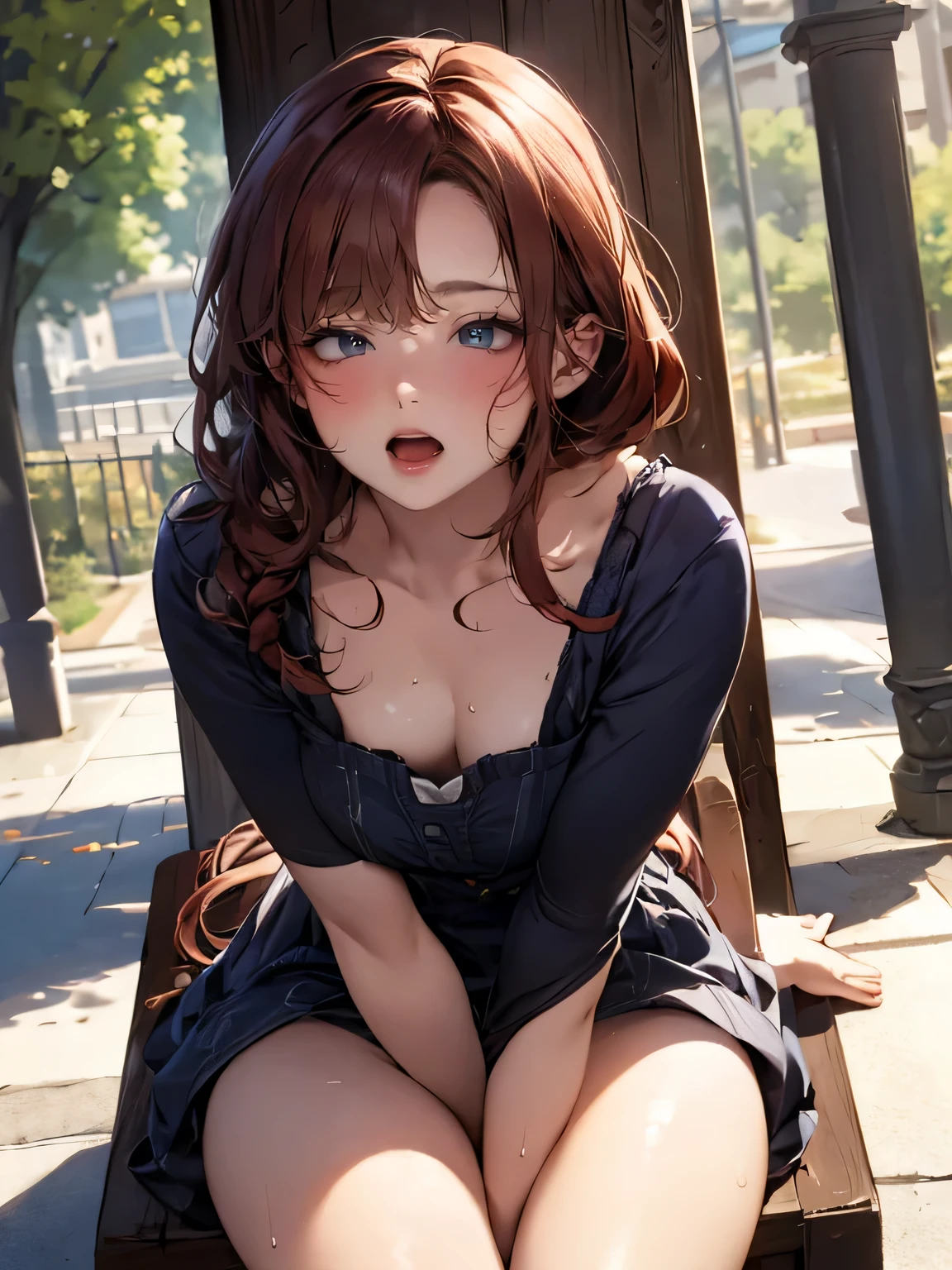 drooping eyes, eyes realistic sizing, ((round face, blush, shame play, emphasize body line, orgasm, open mouth, squirting, self pleasure)), various pattern thin casual dress, arch hip, showing off pubic hair, spread legs, strong sunlight, sweat, dark red hair, braid, sitting on the bollard made of pipe,