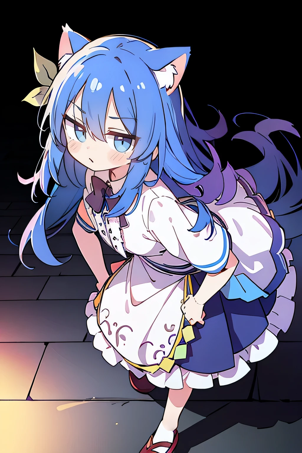 (masterpiece),best quality, expressive eyes, perfect face, 1girl,
Put your hands on your waist,fair, Gorgeous,Japanese cartoons,girl,lola,Hina Angel, blue hair, blue haired, floating clothes,Grab your waist, Grab your waist, hands on hips , hands on hips,sit, sit on ground, Legs on the ground, flat chest,cat ears,dark blue eyes,