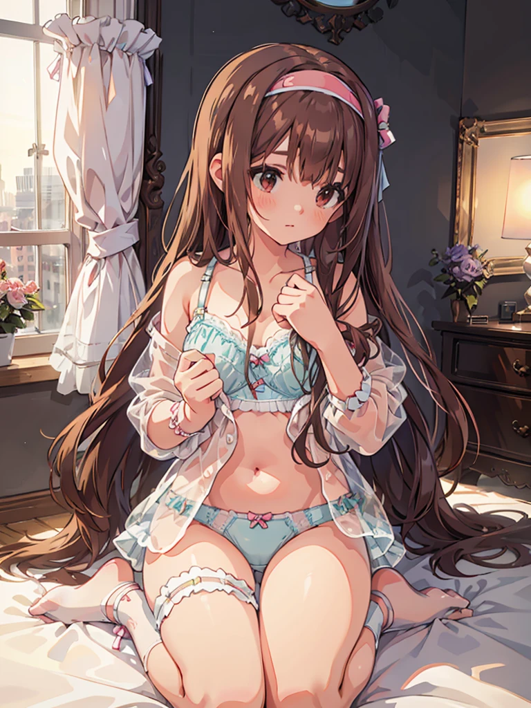 beautiful illustrations, highest quality, pretty girl, 1girl, Bedroom, pastel colour, (two-separated lingerie), reddish brown long hair, headband, cute lingerie, bright lighting