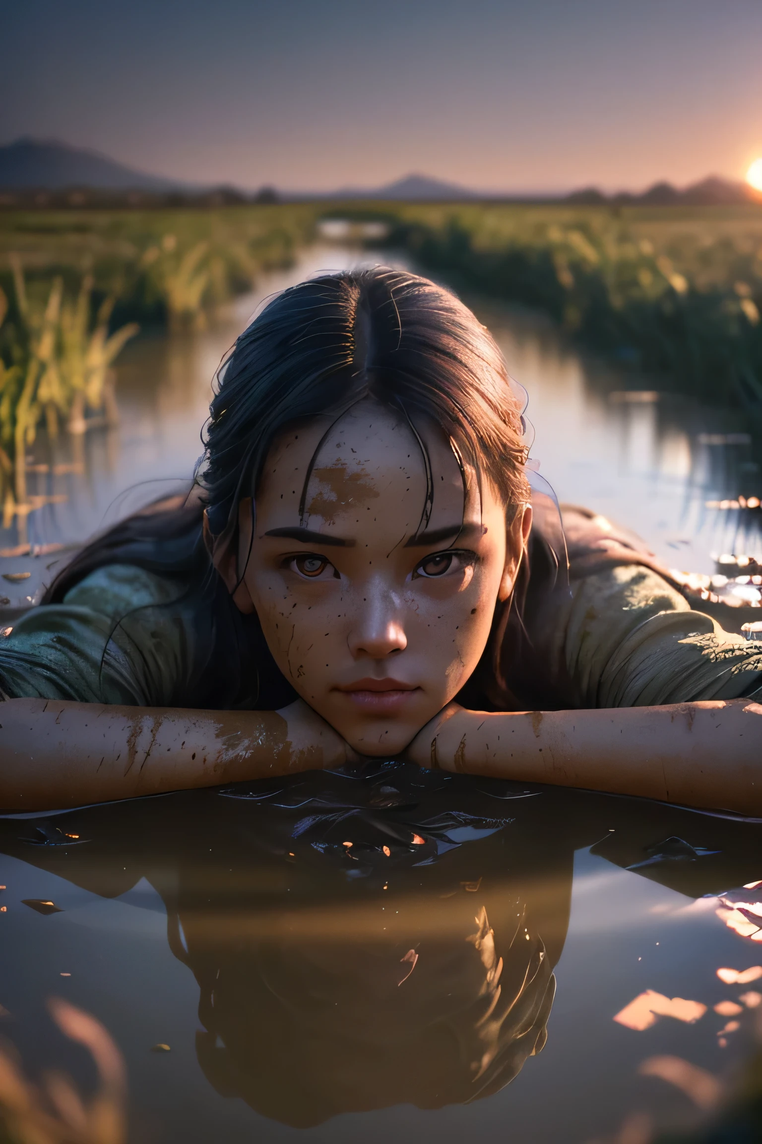 (masterpiece), (very complicated:1.3), (realistic), girl portrait, lying on her back floating on the surface of the mire, (dynamic perspective), the most beautiful in the world, (clothes covered with mud), from above, upper body, navel, outdoor, intense sunlight, distant factory group, Kure, Hiroshima, Stunning female professional photo details, sharp focus, dramatic, Award history, cinematic lighting, Octane Rendering Unreal Engine, volumetrics dtx, (film grain, blurred background, blurred foreground, Bokeh, Depth of the bounds written, sunset, motion blur:1.3)