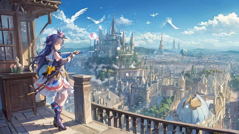 (Best picture quality, Masterpiece: 1.2),
Vivid colors, strong contrast,
(magnificent panorama view:1.3), Clouds in the blue sky,
Magical girl flying in the sky , pretty clothes with many ornaments,
Dynamic Angle, Dynamic Pose: 1.2), Fantasy,
floating water drops, bubbles, feathers,