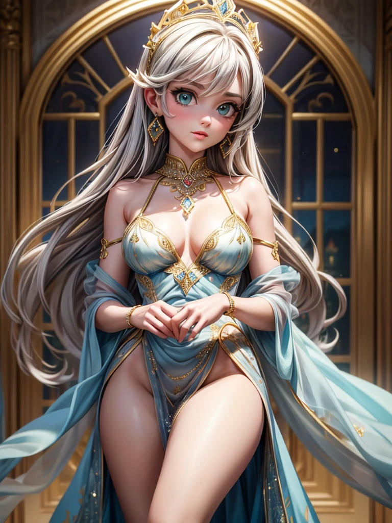(best quality, high resolution, masterpiece:1.2), Super detailed, Beautiful and delicate lake green eyes, Beautiful and delicate lips, extremely detailed face, super long hair, 1 girl, royal members, Beautiful girl with golden beige hair, (Wearing a royal blue royal costume), see-through chiffon platinum shawl, (gold ornaments), golden and silver pattern, (light blue pattern), (complex pattern:0.5), Lovely, attractive, portrait, delicate eyes, Luminous earrings, Reflective pupil, royal clothing design, see-through detail clothing design, (empty:0.7), chiffon, (see-through chiffon), (lace:0.7), black gloves, Diamond choker, Diamond ring, Diamond hairpin, medieval european castle, Super high quality skin, Real skin texture, super high detail, anime, Realism, 8K, UHD, ccurate
