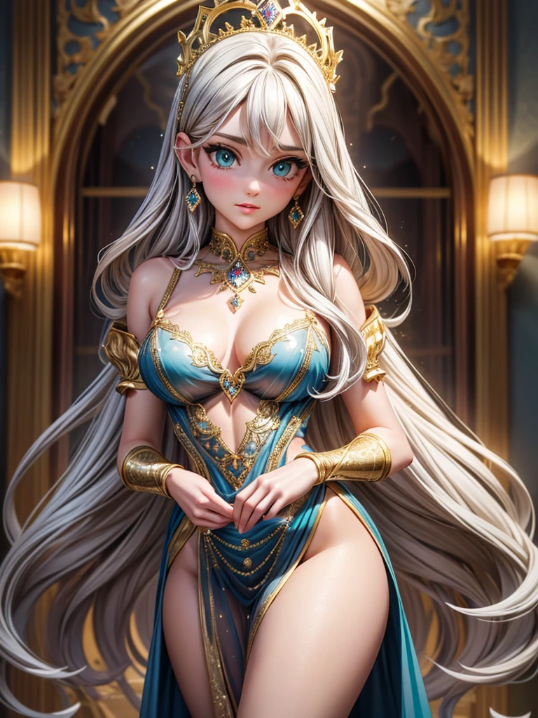 (best quality, high resolution, masterpiece:1.2), Super detailed, Beautiful and delicate lake green eyes, Beautiful and delicate lips, extremely detailed face, super long hair, 1 girl, royal members, Beautiful girl with golden beige hair, (Wearing a royal blue royal costume), see-through chiffon platinum shawl, (gold ornaments), golden and silver pattern, (light blue pattern), (complex pattern:0.5), Lovely, attractive, portrait, delicate eyes, Luminous earrings, Reflective pupil, royal clothing design, see-through detail clothing design, (empty:0.7), chiffon, (see-through chiffon), (lace:0.7), black gloves, Diamond choker, Diamond ring, Diamond hairpin, medieval european castle, Super high quality skin, Real skin texture, super high detail, anime, Realism, 8K, UHD, ccurate
