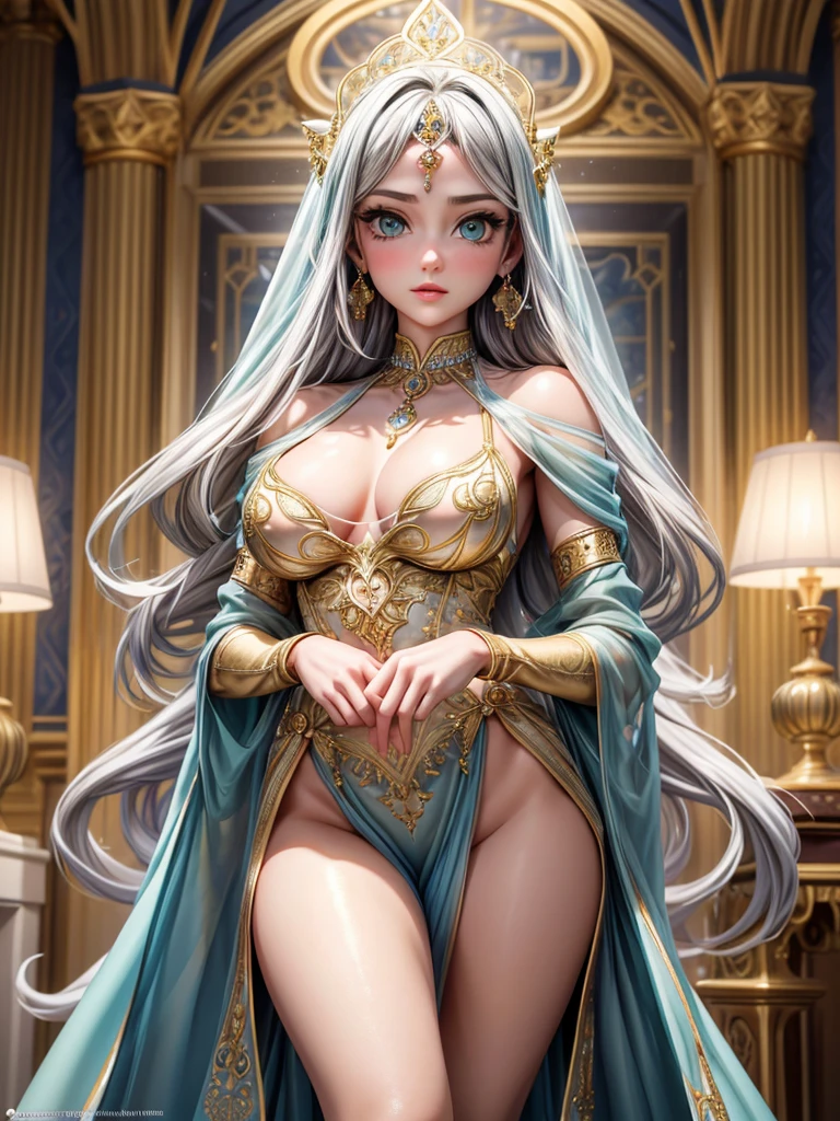 (best quality, high resolution, masterpiece:1.2), Super detailed, Beautiful and delicate lake green eyes, Beautiful and delicate lips, extremely detailed face, super long hair, 1 girl, royal members, Beautiful girl with golden beige hair, (Wearing a royal blue royal costume), see-through chiffon platinum shawl, (gold ornaments), golden and silver pattern, (light blue pattern), (complex pattern:0.5), Lovely, attractive, portrait, delicate eyes, Luminous earrings, Reflective pupil, royal clothing design, see-through detail clothing design, (empty:0.7), chiffon, (see-through chiffon), (lace:0.7), black gloves, Diamond choker, Diamond ring, Diamond hairpin, medieval european castle, Super high quality skin, Real skin texture, super high detail, anime, Realism, 8K, UHD, ccurate