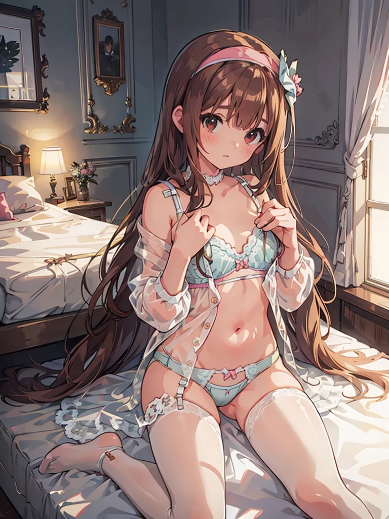 beautiful illustrations, highest quality, pretty girl, 1girl, Bedroom, pastel colour, (two-separated lingerie), reddish brown long hair, headband, cute lingerie, bright lighting