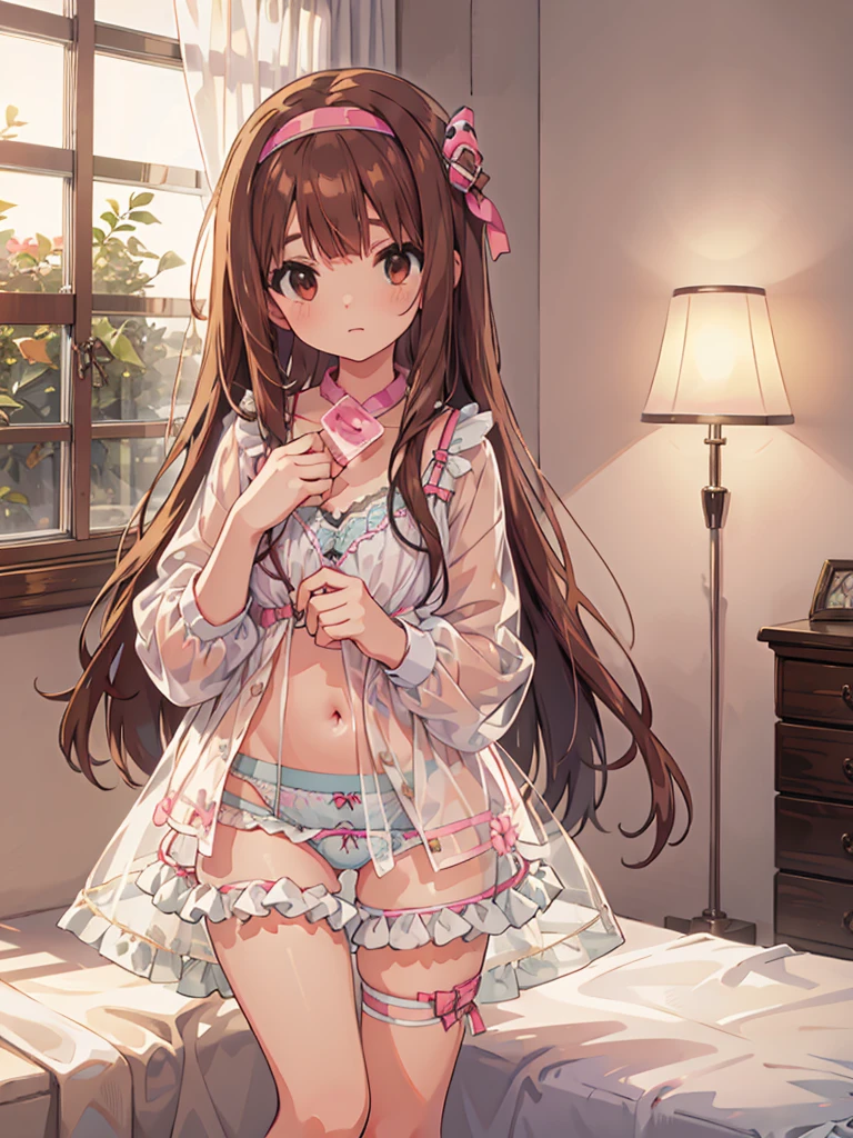 beautiful illustrations, highest quality, pretty girl, 1girl, Bedroom, pastel colour, (two-separated lingerie), reddish brown long hair, headband, cute lingerie, bright lighting