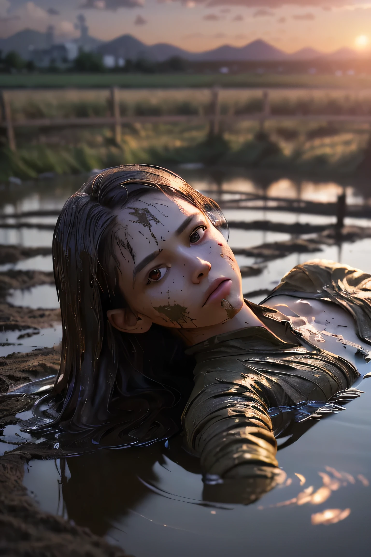 (masterpiece), (very complicated:1.3), (realistic), girl portrait, lying on her back floating on the surface of the mire, (dynamic perspective), the most beautiful in the world, (clothes covered with mud), from above, upper body, navel, outdoor, intense sunlight, distant factory group, Kure, Hiroshima, Stunning female professional photo details, sharp focus, dramatic, Award history, cinematic lighting, Octane Rendering Unreal Engine, volumetrics dtx, (film grain, blurred background, blurred foreground, Bokeh, Depth of the bounds written, sunset, motion blur:1.3)