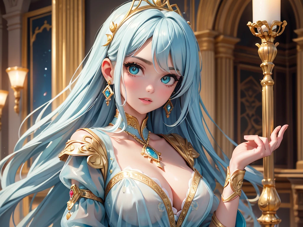 (best quality, high resolution, masterpiece:1.2), Super detailed, Beautiful and delicate lake green eyes, Beautiful and delicate lips, extremely detailed face, super long hair, 1 girl, royal members, Beautiful girl with golden beige hair, (Wearing a royal blue royal costume), see-through chiffon platinum shawl, (gold ornaments), golden and silver pattern, (light blue pattern), (complex pattern:0.5), Lovely, attractive, portrait, delicate eyes, Luminous earrings, Reflective pupil, royal clothing design, see-through detail clothing design, (empty:0.7), chiffon, (see-through chiffon), (lace:0.7), black gloves, Diamond choker, Diamond ring, Diamond hairpin, medieval european castle, Super high quality skin, Real skin texture, super high detail, anime, Realism, 8K, UHD, ccurate