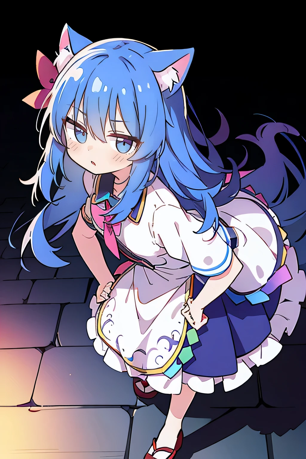 (masterpiece),best quality, expressive eyes, perfect face, 1girl,
Put your hands on your waist,fair, Gorgeous,Japanese cartoons,girl,lola,Hina Angel, blue hair, blue haired, floating clothes,Grab your waist, Grab your waist, hands on hips , hands on hips,sit, sit on ground, Legs on the ground, flat chest,cat ears,dark blue eyes,