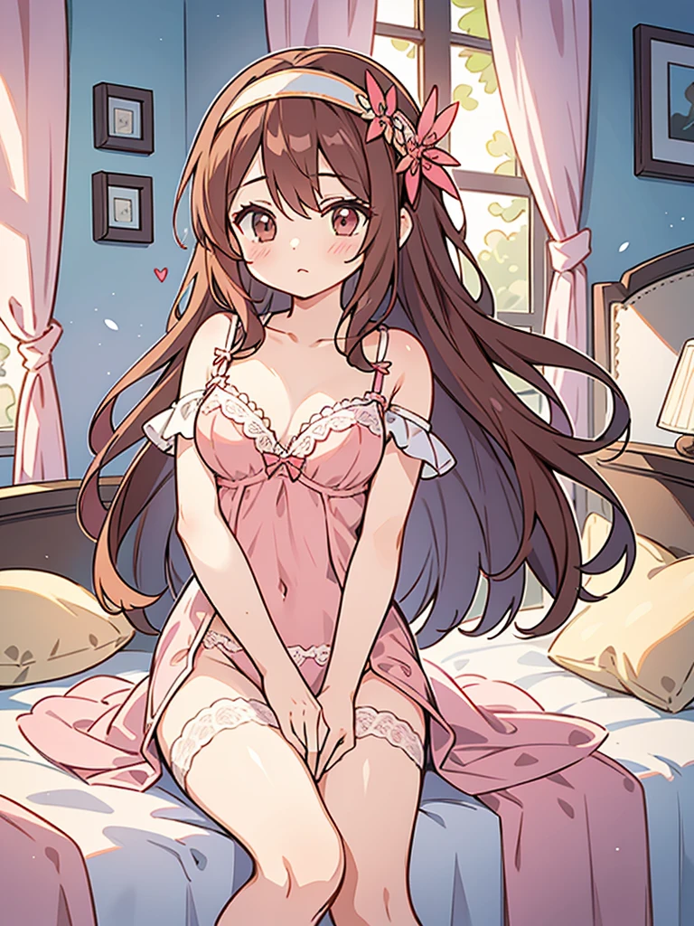 beautiful illustrations, highest quality, pretty girl, 1girl, Bedroom, pastel colour, (two-separated lingerie), reddish brown long hair, headband, cute lingerie, bright lighting