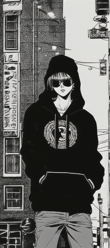 90s style tall thug gangsta, swagger arrogant haughty female, , saggy creased baggy stylish hip hop hoodie intimidating eyes, glossy lips, sunglasses detailed facial features, dark contrast graffitied urban background, long chain necklace, multiple gold bracelets, tattoos, street swagger, confident pose, dark shadows, high contrast, urban fashion style, realistic street art, bold brush strokes, dynamic composition, highres, masterpiece:1.2, ultra-detailed, , HDR, studio lighting