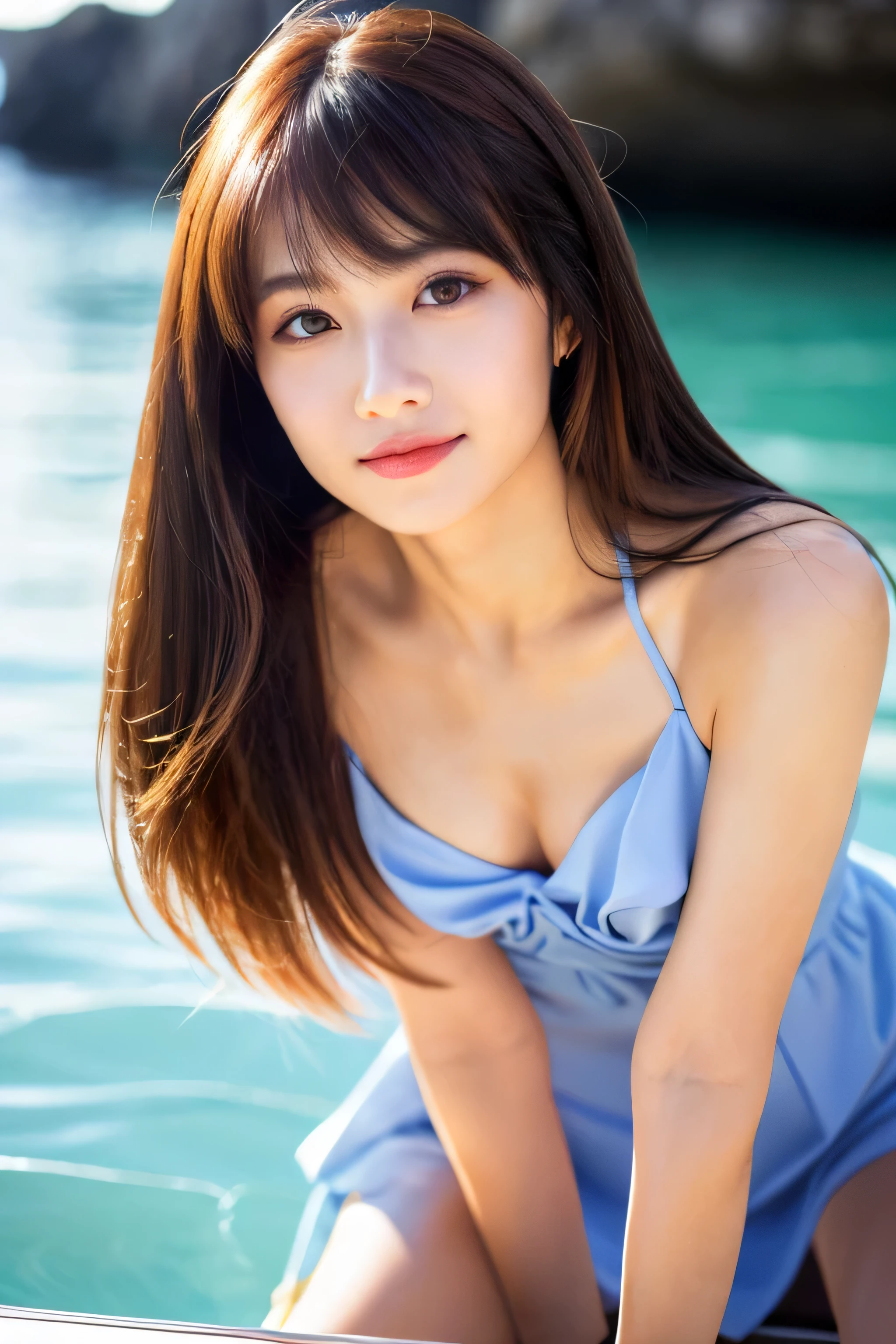beautiful japanese girl　innocent smile　medium hair　intricate brown hair　midsummer beach　blue sea　white sand beach　Cumulonimbus cloud　big magic eyes　smooth soft skin