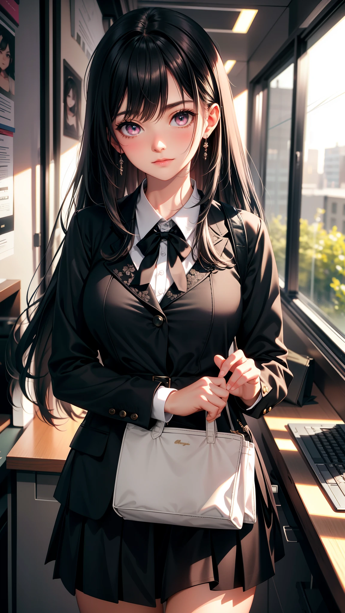 (best quality:1.1), (Masterpiece:1.2), High quality shadow, Beautiful details, Beautiful face, Detailed eyes, depth of field, High resolution, best shadow, best lighting, 1 girl, see viewers, black hair, smooth, blunt, long hair, pink eyes, shy, big breasts, black short skirt, Women's blouses, fashion suit jacket, pump, office woman,rift, office background