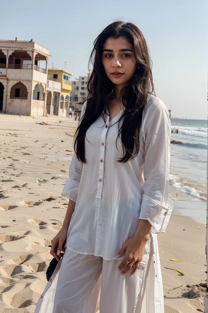 Beautiful girl 24 year old. White skin tone. wearing shalwar kameez.long black hair.enjoying at bech.