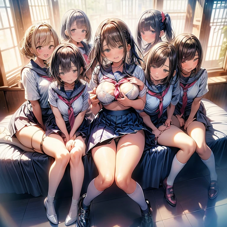 nswf:1.3,(masterpiece: 1.2, highest quality, masterpiece, Clearer images), (Bright colors), ((Take clear photos even from a distance)), (multiple girls), (Harem), (School classmates), (((All school uniforms have the same design))), (((Everyone is wearing the same navy blue skirt))), (()), ((prostitution婦)), (prostitution宿, on the bed), (cute Japanese((6 girls))), (((infant'face))), ((group shot)), (group selfie), ((ass visible through thighs))、 (Full body diagram from head to toe), front, frontやや下からの構図, symmetry, 18 year old tall girl, alone, (whole body from head to toe),wide angle, soft light, ((((laugh with your mouth wide open)))), (slightly larger breasts), ((prostitution)), (lure), ((viewers love it)), (((A lot of hearts are flying))), Landscape、(((show panty:1.6)))、((((open legs:1.5)))、((female masturbation:1.8))、((breast grab:1.3)),(((bra lift:1.2)))、(skirt lift:1.3) 、one eye closed、stick out one's crotch、((youth))、black tights、black stockings、black pantyhose、black stockingsックス、((((sitting, knees up))))