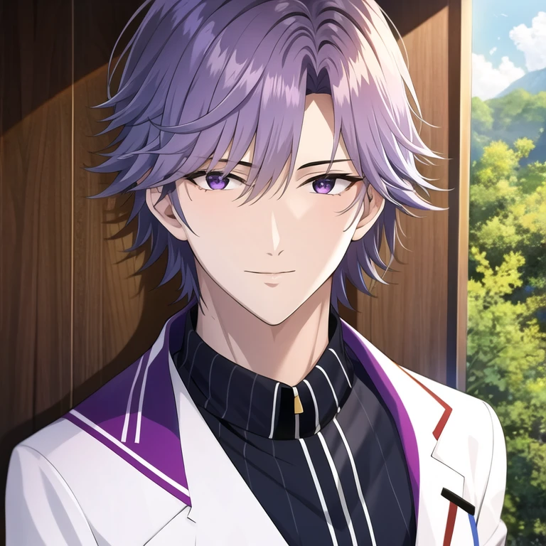 (masterpiece, best quality:1.2), 1 boy, alone, male focus, Purple-gray hair(middle score,The ends of the hair are slightly upturned),Tear mole at the corner of the left eye,confidence