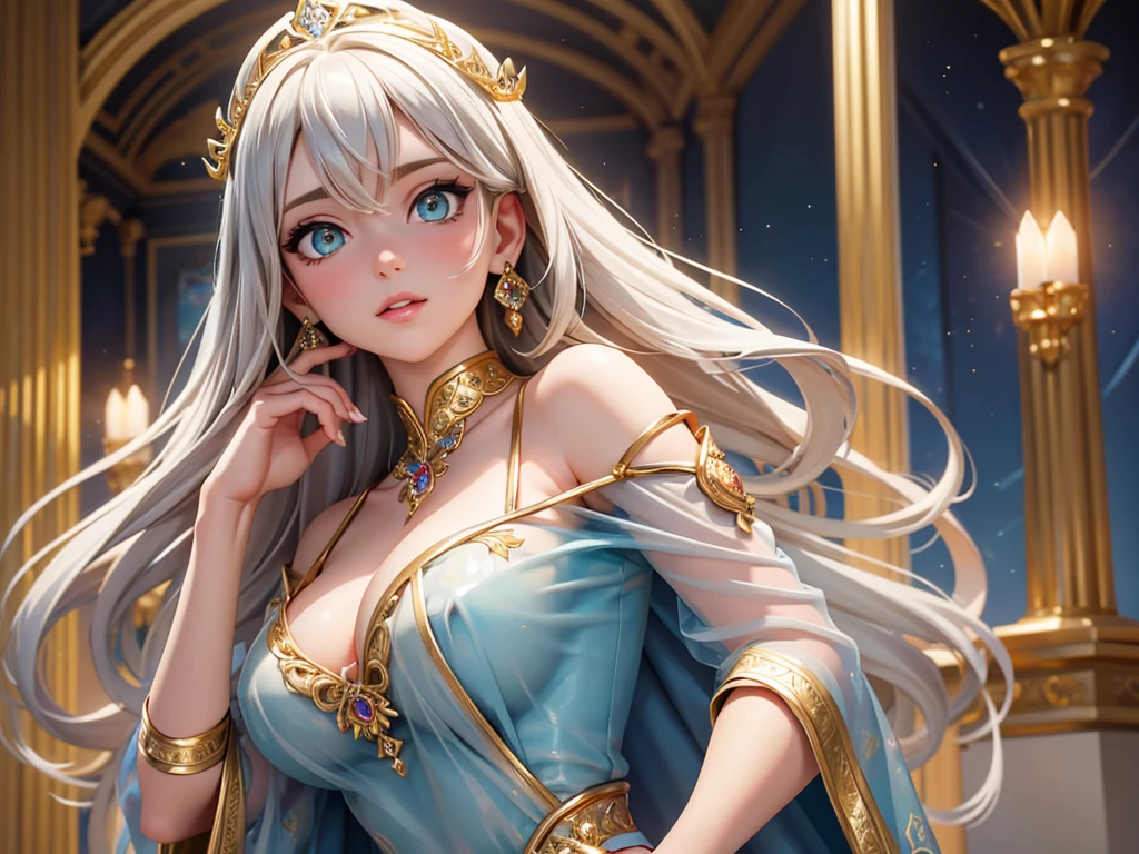 (best quality, high resolution, masterpiece:1.2), Super detailed, Beautiful and delicate lake green eyes, Beautiful and delicate lips, extremely detailed face, super long hair, 1 girl, royal members, Beautiful girl with golden beige hair, (Wearing a royal blue royal costume), see-through chiffon platinum shawl, (gold ornaments), golden and silver pattern, (light blue pattern), (complex pattern:0.5), Lovely, attractive, portrait, delicate eyes, Luminous earrings, Reflective pupil, royal clothing design, see-through detail clothing design, (empty:0.7), chiffon, (see-through chiffon), (lace:0.7), black gloves, Diamond choker, Diamond ring, Diamond hairpin, medieval european castle, Super high quality skin, Real skin texture, super high detail, anime, Realism, 8K, UHD, ccurate