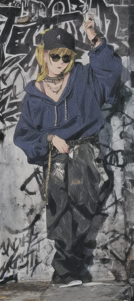 90s style tall thug gangsta, swagger arrogant haughty female, , saggy creased baggy stylish hip hop hoodie intimidating eyes, glossy lips, sunglasses detailed facial features, dark contrast graffitied urban background, long chain necklace, multiple gold bracelets, tattoos, street swagger, confident pose, dark shadows, high contrast, urban fashion style, realistic street art, bold brush strokes, dynamic composition, highres, masterpiece:1.2, ultra-detailed, , HDR, studio lighting