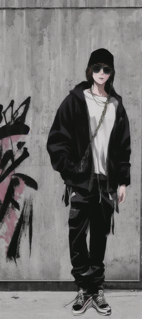 90s style tall thug gangsta, swagger arrogant haughty female, , saggy creased baggy stylish hip hop hoodie intimidating eyes, glossy lips, sunglasses detailed facial features, dark contrast graffitied urban background, long chain necklace, multiple gold bracelets, tattoos, street swagger, confident pose, dark shadows, high contrast, urban fashion style, realistic street art, bold brush strokes, dynamic composition, highres, masterpiece:1.2, ultra-detailed, , HDR, studio lighting