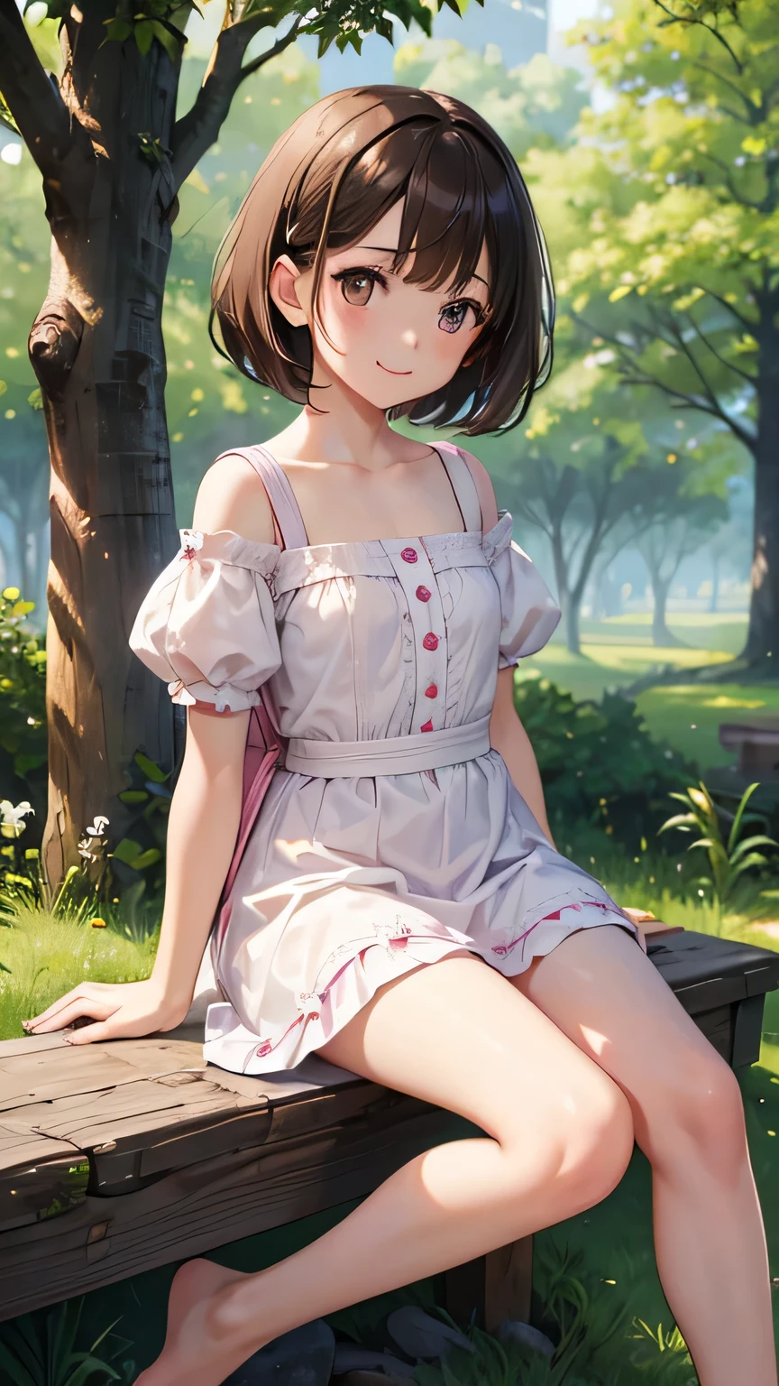 masterpiece, highest quality, High resolution, very detailed, detailed background, cinematic lighting, 1 girl,11 years old, looking at the viewer, barefoot, dress, Sitting with legs held, short sleeve, looking at the viewer, Grass, short hair, smile, dark brown hair, plump sleeves, outdoor, puffy short sleeve, bangs, full body, wearing pink Randoseru Backpack, (Randoseru Backpack:1.0), white dress, Day light, brown eyes, dappled Day light, Day、topless、underless、legs spread、