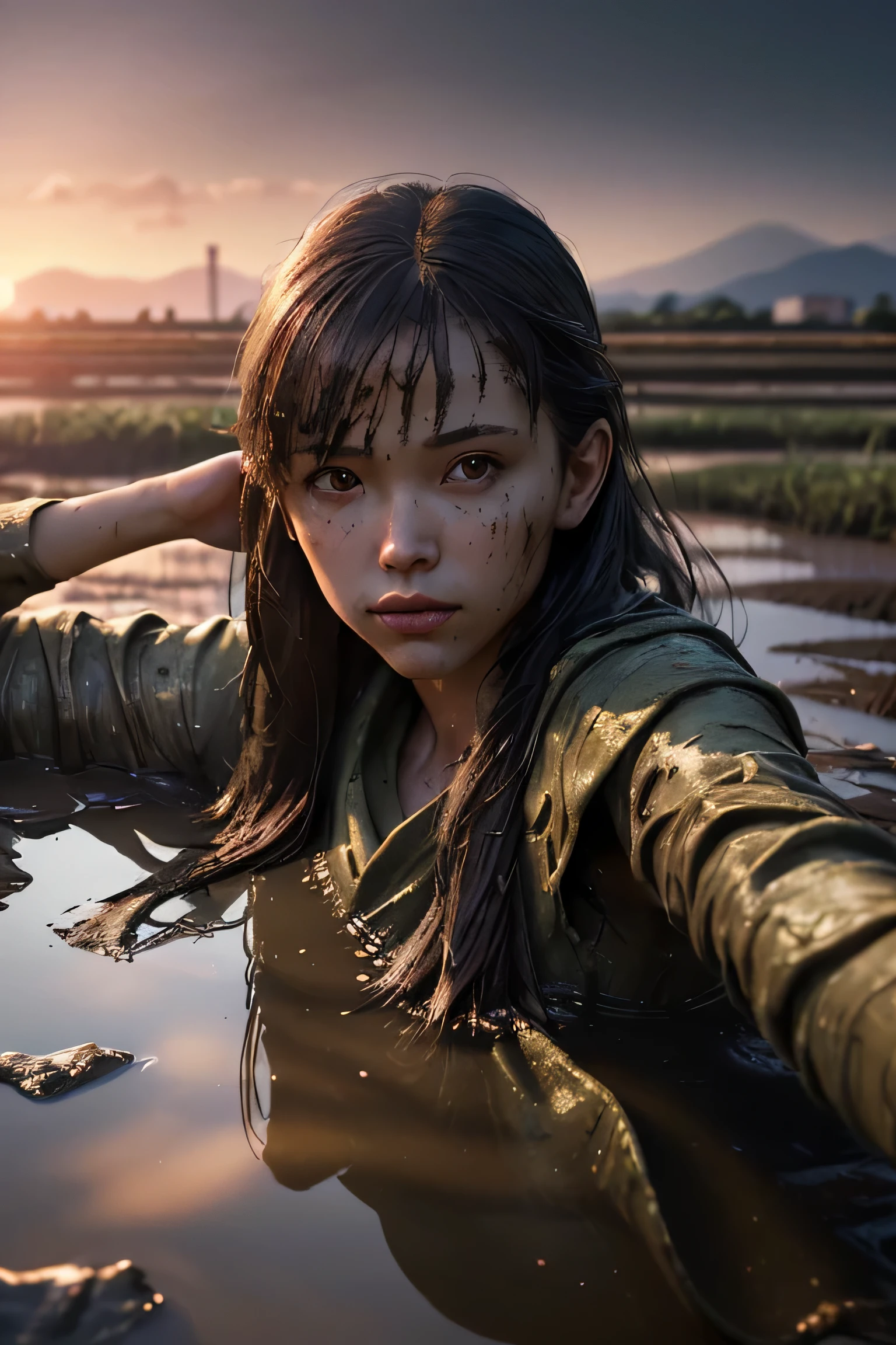 (masterpiece), (very complicated:1.3), (realistic), girl portrait, lying on her back floating on the surface of the mire, (dynamic perspective), the most beautiful in the world, (clothes covered with mud), from above, upper body, navel, outdoor, intense sunlight, distant factory group, Kure, Hiroshima, Stunning female professional photo details, sharp focus, dramatic, Award history, cinematic lighting, Octane Rendering Unreal Engine, volumetrics dtx, (film grain, blurred background, blurred foreground, Bokeh, Depth of the bounds written, sunset, motion blur:1.3)