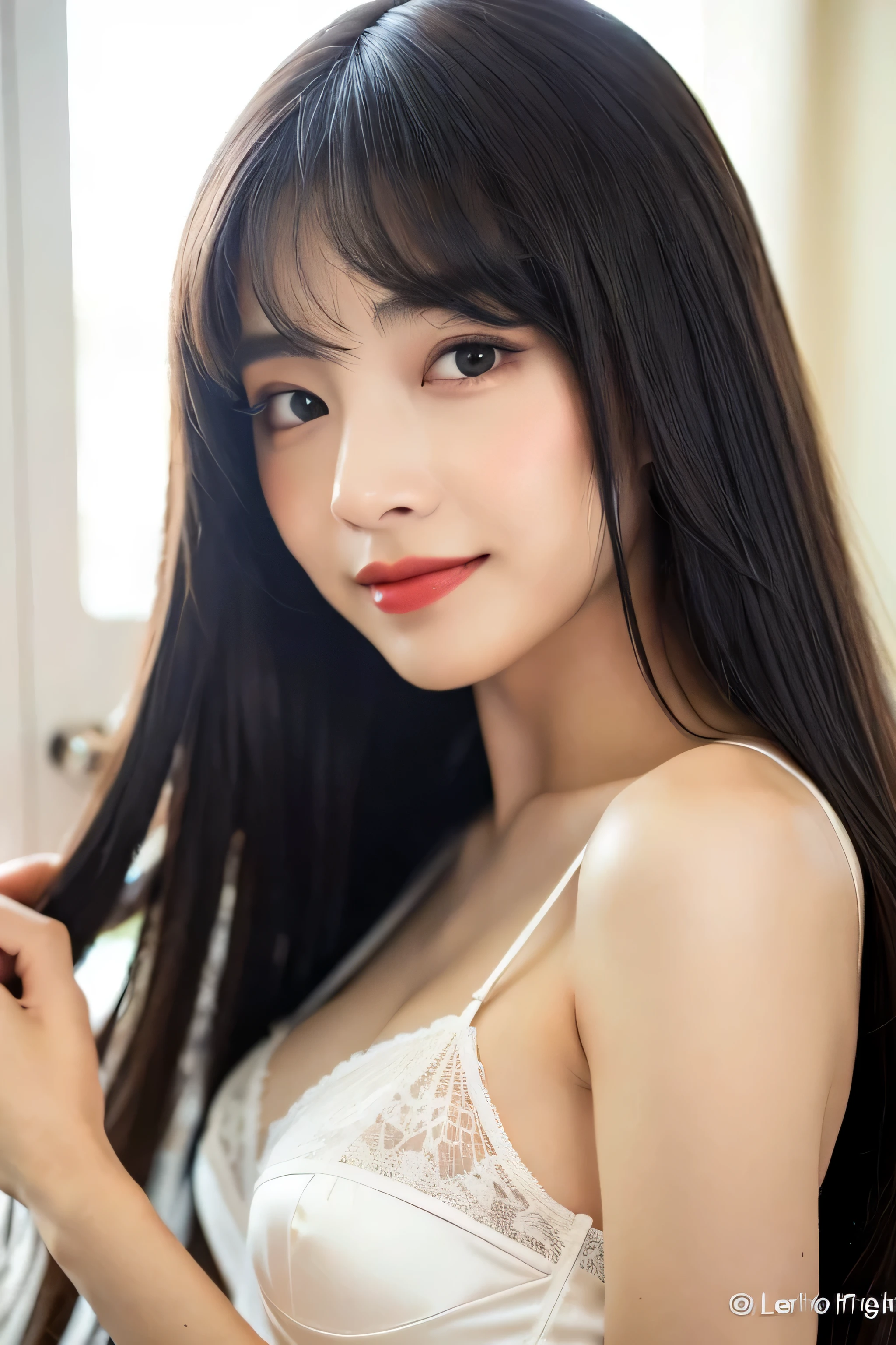1 person She is a Japanese 18-year-old woman with the most beautiful face in Japan. ((She has extremely long hair that overlaps the front of both her breasts.)) ((Her hair is always long down to her knees..0)) ((highest quality)), ((masterpiece)), (become familiar with) (from side) (profile) (Neat, straight bangs Cute Princess Cut) (Beautiful shiny, unusually long hair, Glossy, unusually long hair, Beautiful silky extra long hair, Extremely long, straight black hair, Perfect silky extra long hair, detailed Unusually long, beautiful, straight hair) (Hair color is super deep black) (Hair color is random) ((She is wearing white lingerie with lots of lace.)) Perfect delicate skin The skin color is anatomically correct and beautiful. (narrow mouth) ((Her lips have bright red lipstick)) Professional make up (Anatomically correct hand、foot、refer to、arm、Anatomically correct body) This is a spacious, white seaside hotel room. beautifull detailed face 8K (actual, lively:1.4), professional lighting double eyelid、chest to chest、sharp focus:1.2、Beautiful woman:1.4 (sensual look) (Impish Smile mischievous、A slightly devilish smile)