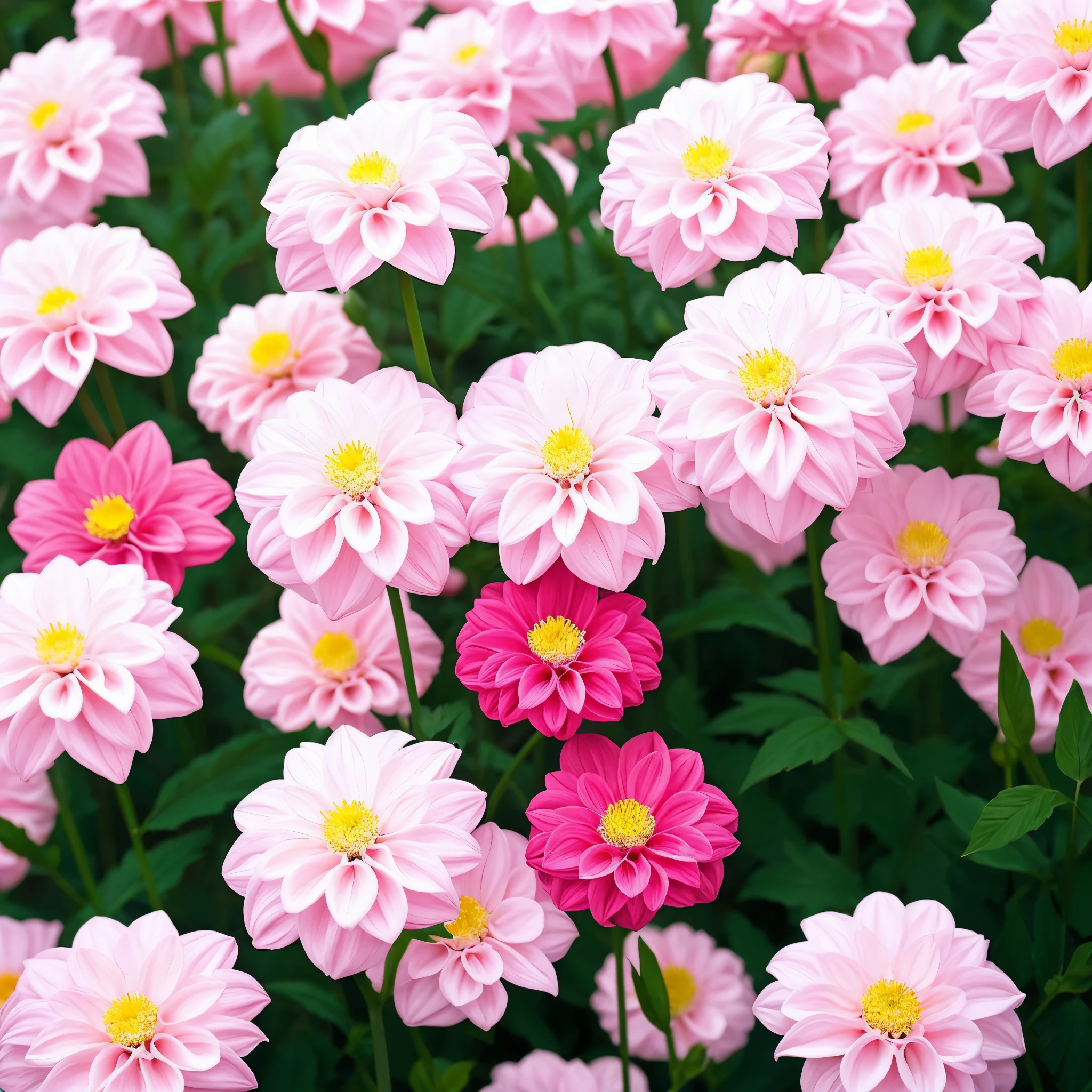 Pink sky on a white background　Colorful dahlia flowers in a heart shape　white wings　Beautiful and fantastic expression, happiness　kind　Fantastic and impressive　