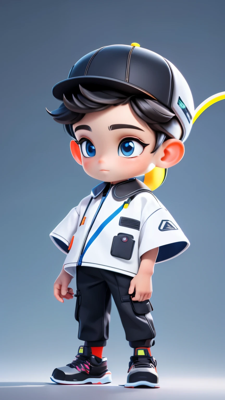 Based on modern artificial,A tech boy,Three View,with hat,Technologically sensible dress-up,solid color background,short sleeves,stand,Three View,complete hand,perfect face,masterpiece,more details,C4D style
