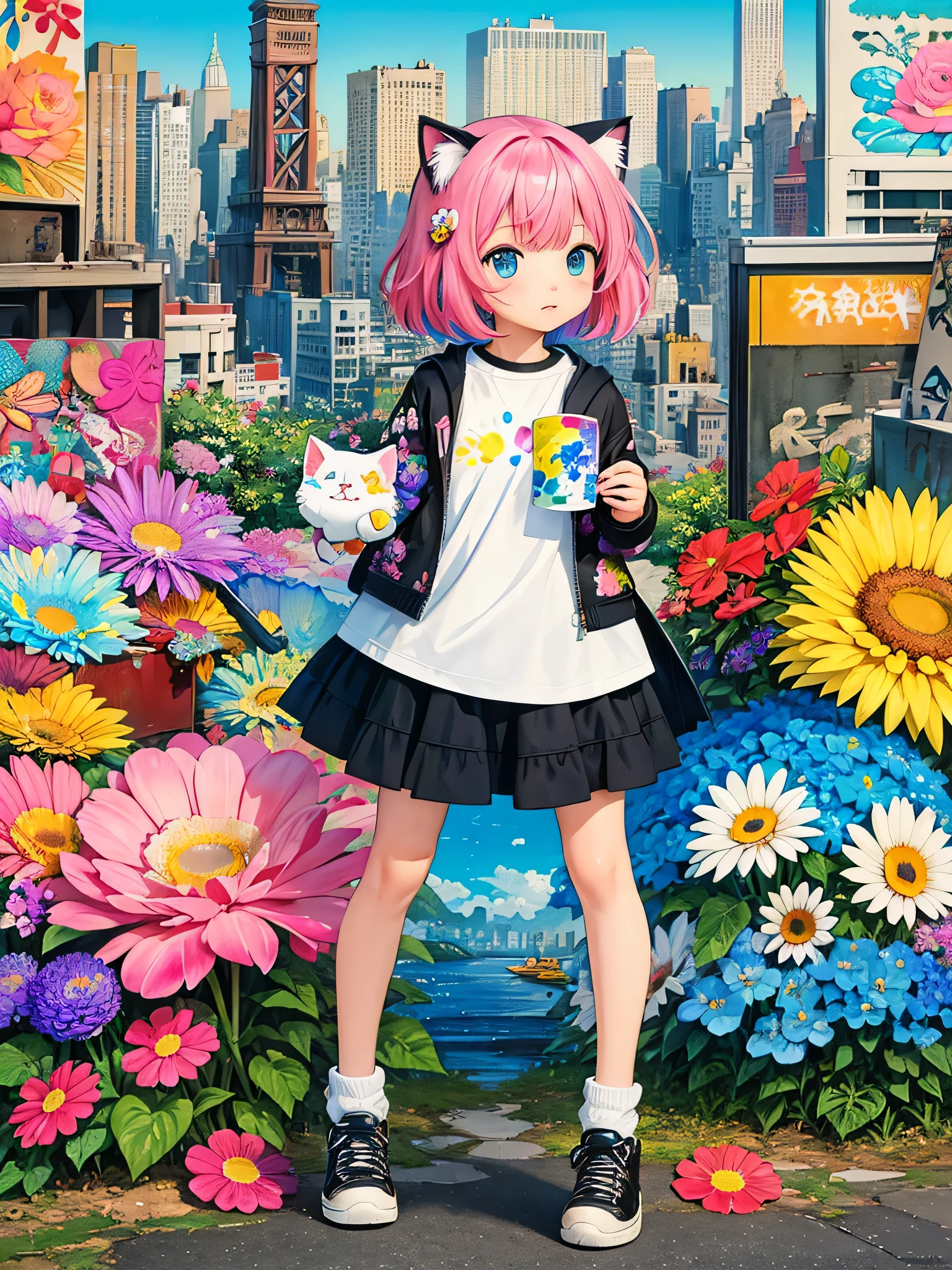 8K quality, Takashi murakami'illustration of, intense watercolor, watercolor detailed art, watercolor splash, surreal, avant-garde pop art, Beautiful and expressive paintings, beautiful artwork illustration of, very colorful tones, wonderful, cool beauty, highest quality,official art, vector art,stylish design, (((1 cute kitten))), (((highest quality))), HDR, ((Detailed details)), (((graffiti art))), ((masterpiece))、((Super detailed))、(((colorful flowers)))、(((new york cityscape)))