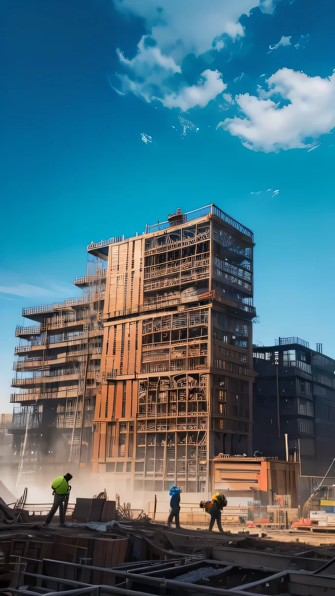 This is a top-quality photograph, showcasing extremely high levels of detail. The scene captures a construction site bustling with many workers, creating a vibrant atmosphere. The landscape features towering buildings, scaffolding, and intricate architectural and industrial structures. These buildings are in various stages of construction, revealing their complete architectural forms. Additionally, graceful workers enhance the dynamic ambiance of the scene.