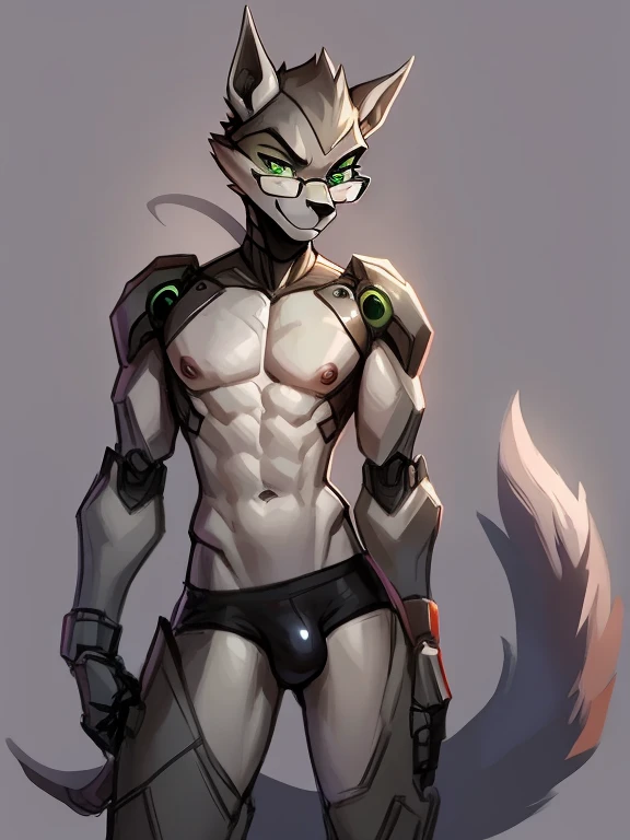 Male, robot Gray wolf, detailed green eyes, long tail, big nipples, slim, sly, simple background,, smirk, bulge,  glasses, tail wrapping around body