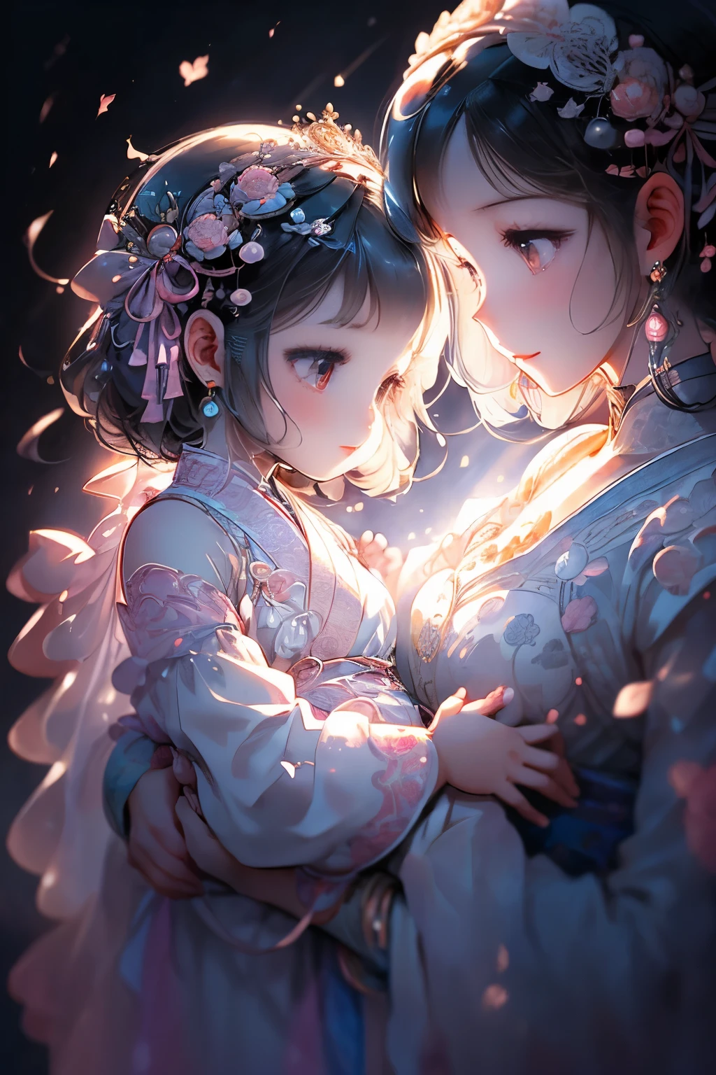 Thank you for your prompt. I'd be happy to help you imagine a scene based on your words.
In the heart of a dreamy, surreal night, a mother cradles her baby's small shoulder in a show of comfort and warmth. The scene is softly lit, with a crescent moon casting a gentle glow over the background. A baby brace adorns the infant's tiny wrist, its delicate design made of intricate, whimsical patterns reminiscent of Japanese girls' manga.
Against a pastel-colored, oblique background, mother and are bathed in an ethereal, 2D animation light. The composition is dreamlike and delicate
