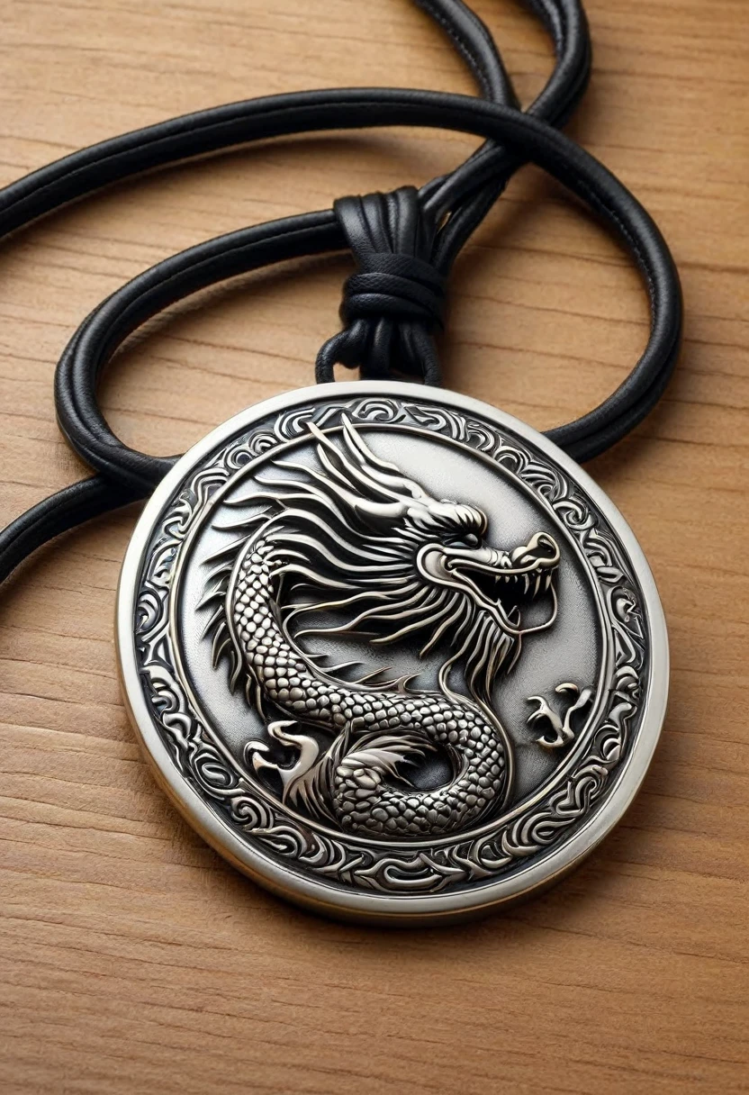 Dragon Medallion: A silver medallion with an engraved dragon design, hanging from a black leather cord, which can be worn around the neck as an accessory.

