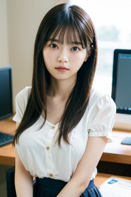 masterpiece、highest quality、16K、High resolution、UHD，Depth of the bounds written、very detailed、soft light、professional lighting、Pale shading、Weak contrast、Japanese、beautiful girl、Slender woman、daytime office、Window seat、sitting in front of the computer、Tight pastel knitwear that clings to the breasts、shoulder off、navy pleated skirt、micro mooth and beautiful thighs:1.6）、(small breast:1.0)、Faint cleavage、fine and beautiful eyes、（hanging eyes）、（thin eyebrows）、（thin lips）、gentle smile、(long wavy hair、high ponytail),(The bangs are see-through bangs)、