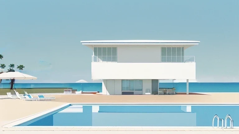 A simple illustration by Hiroshi Nagai　A simple, white, angular 70s-style building with a pool and the sea　California summer blue sky and beach　Tranquil scenery　calm sea　rustic illustration　