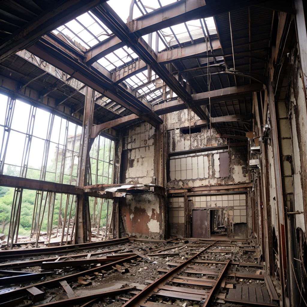 iron and steel old background ruins building single story roof buildingの中から見た様子
