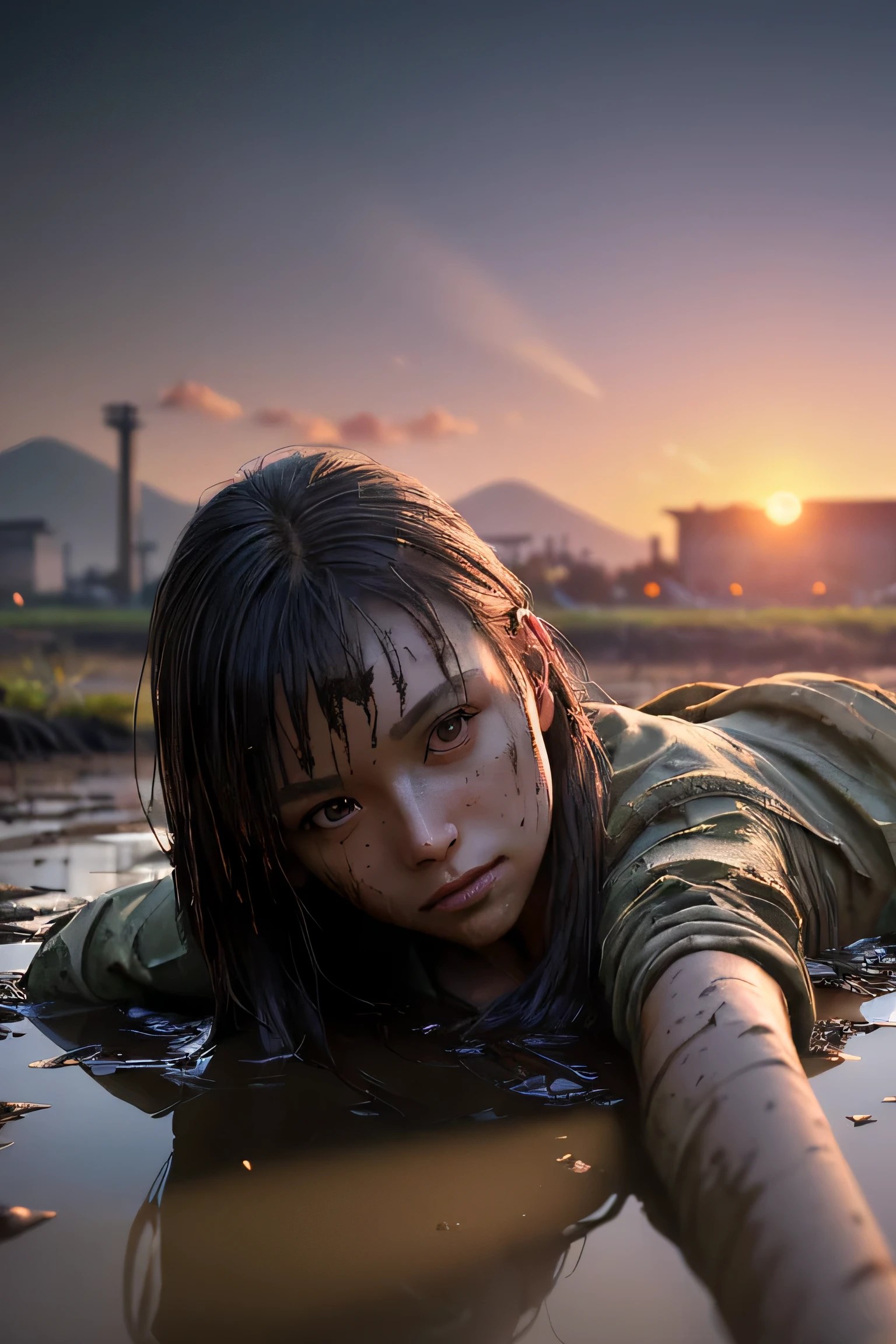 (masterpiece), (very complicated:1.3), (realistic), girl portrait, lying on her back floating on the surface of the mire, (dynamic perspective), the most beautiful in the world, (clothes covered with mud), from above, upper body, navel, outdoor, intense sunlight, distant factory group, Kure, Hiroshima, Stunning female professional photo details, sharp focus, dramatic, Award history, cinematic lighting, Octane Rendering Unreal Engine, volumetrics dtx, (film grain, blurred background, blurred foreground, Bokeh, Depth of the bounds written, sunset, motion blur:1.3)