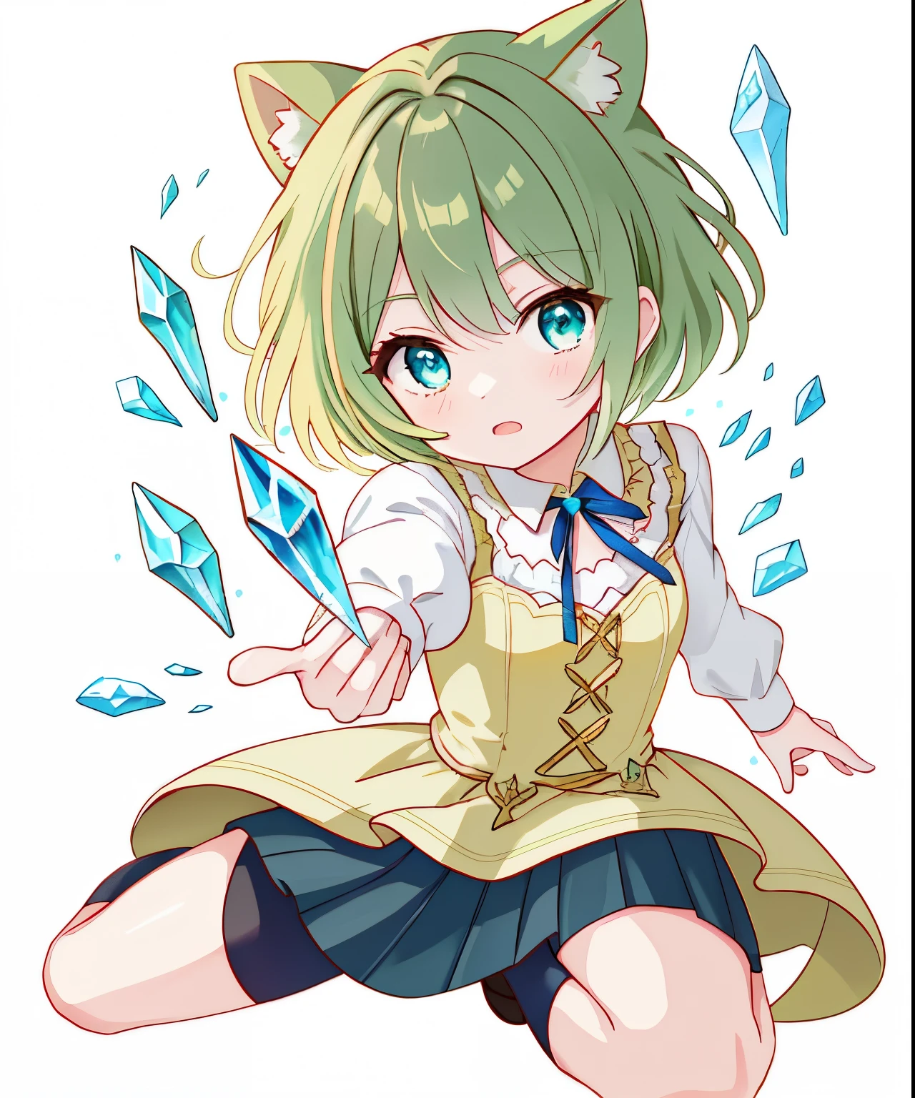 (((crystallization))), crystallizationの塊, big crystallization, small crystallization, (blue ribbon around neck), young girl, dark green dress, dynamic pose, yellow hair, Art Gallery, blue eyes, black long tights, rose in hand,