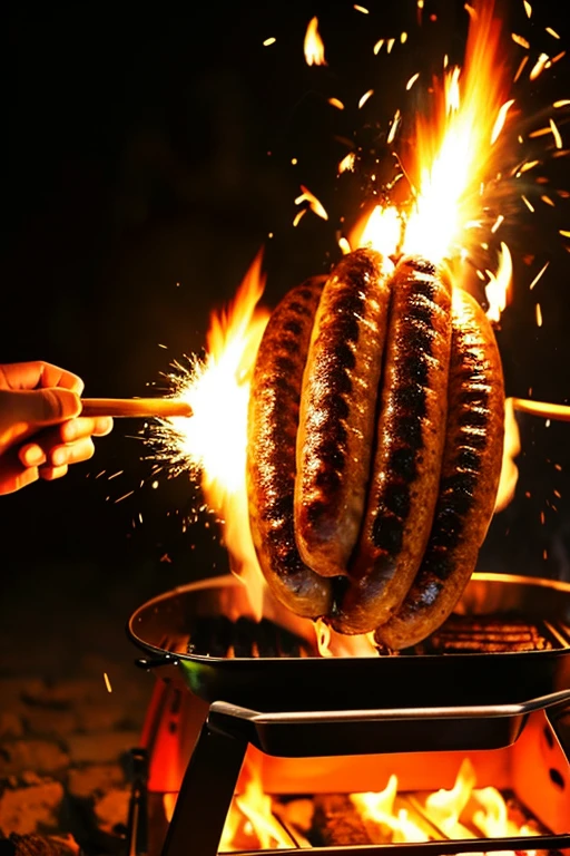 Grill the sausages over the fire from the handheld fireworks