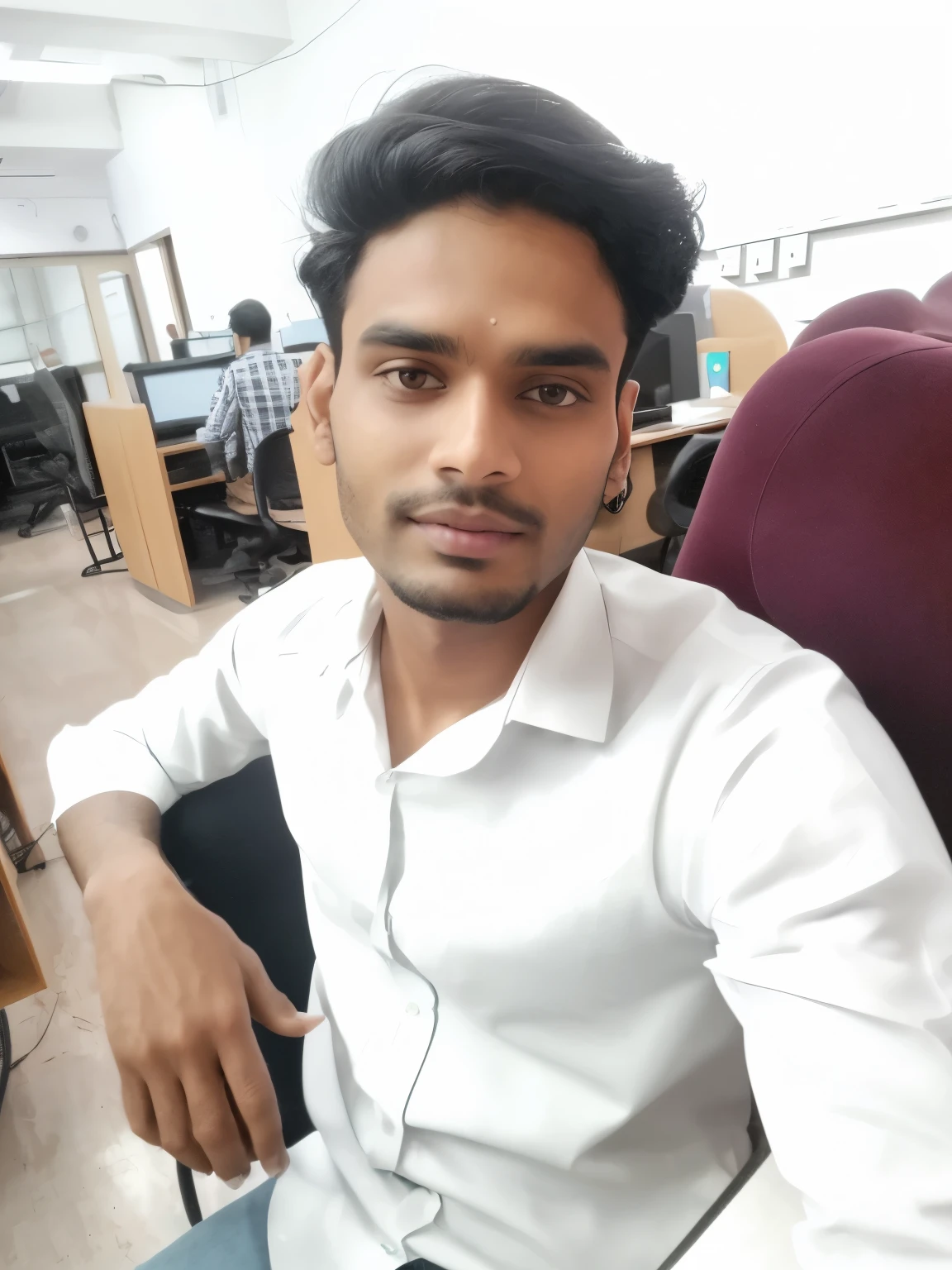 there is a man sitting in a chair with a remote control, with accurate face, very very low quality picture, in office, sitting in office, front profile!!!!, without beard, candid picture, very artistic pose, jayison devadas, without helmet, with kind face, taken with sony alpha 9, with lovely look, taken with sony a7r camera