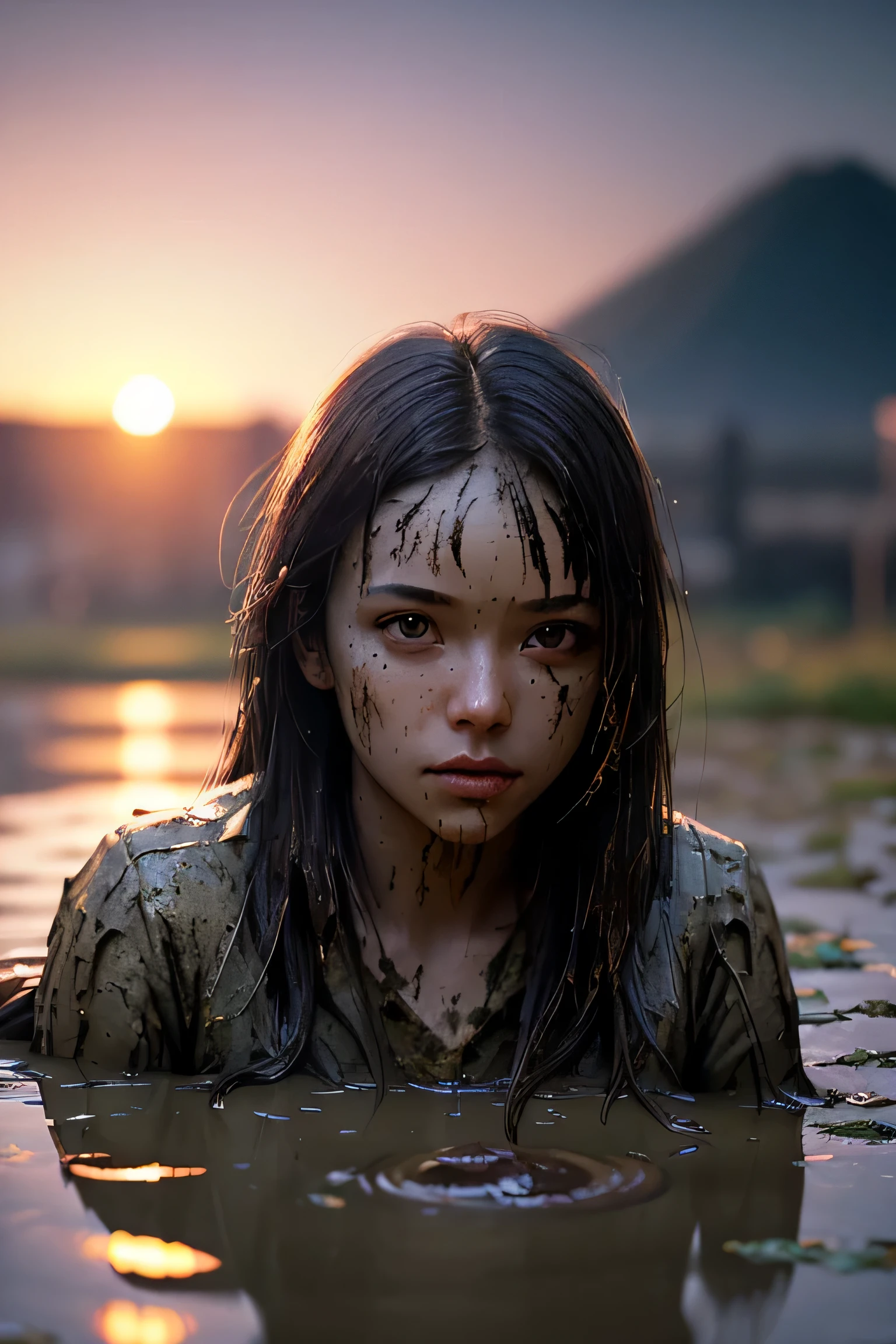 (masterpiece), (very complicated:1.3), (realistic), girl portrait, lying on her back floating on the surface of the mire, (dynamic perspective), the most beautiful in the world, (clothes covered with mud), from above, upper body, navel, outdoor, intense sunlight, distant factory group, Kure, Hiroshima, Stunning female professional photo details, sharp focus, dramatic, Award history, cinematic lighting, Octane Rendering Unreal Engine, volumetrics dtx, (film grain, blurred background, blurred foreground, Bokeh, Depth of the bounds written, sunset, motion blur:1.3)