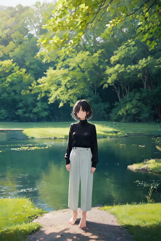 1girl, mature female, short hair, messy hair, black hair, shirt, [black shirt::7], turtleneck, long sleeve, long pants, [white pants::5], bare feet, standing, grass, lake, nature, masterpiece, best quality, very aesthetic, absurdres