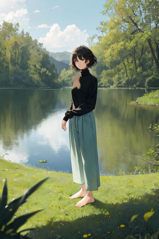 1girl, mature female, short hair, messy hair, black hair, shirt, [black shirt::7], turtleneck, long sleeve, long pants, [white pants::5], bare feet, standing, grass, lake, nature, masterpiece, best quality, very aesthetic, absurdres