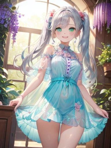 小さなgirl、thick thighs、The arrival of spring、big ass、 (alone:1.5,)Super detailed,bright colors, very beautiful detailed anime face and eyes, look straight, shiny_skin,girl, ((gradation hair、long silver hair,The inner color is red ))、forehead is exposed.、green eyes、、shiny hair, delicate beautiful face, blush、(turquoise eyes), White skin, Valletta, earrings,、blue flower field、(((Floral pink ruffle dress、See-through、purple mini skirt)))、twin tails、smile、smile、Face dyed red
