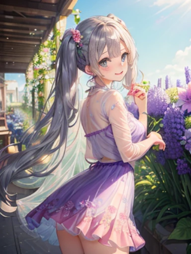 小さなgirl、thick thighs、The arrival of spring、big ass、 (alone:1.5,)Super detailed,bright colors, very beautiful detailed anime face and eyes, look straight, shiny_skin,girl, ((gradation hair、long silver hair,The inner color is red ））、forehead is exposed.、green eyes、、shiny hair, delicate beautiful face, blush、(turquoise eyes), White skin, Valletta, earrings,、blue flower field、(((Floral pink ruffle dress、See-through、purple mini skirt)))、twin tails、smile、smile、Face dyed red