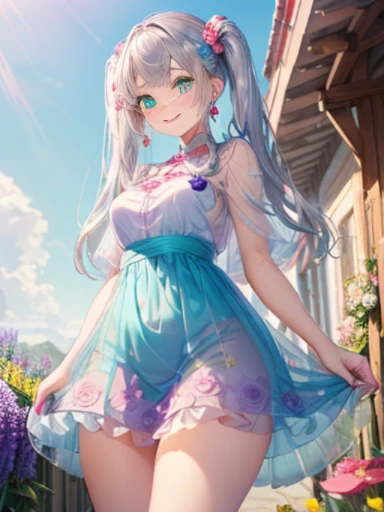 小さなgirl、thick thighs、The arrival of spring、big ass、 (alone:1.5,)Super detailed,bright colors, very beautiful detailed anime face and eyes, look straight, shiny_skin,girl, ((gradation hair、long silver hair,The inner color is red ))、forehead is exposed.、green eyes、、shiny hair, delicate beautiful face, blush、(turquoise eyes), White skin, Valletta, earrings,、blue flower field、(((Floral pink ruffle dress、See-through、purple mini skirt)))、twin tails、smile、smile、Face dyed red