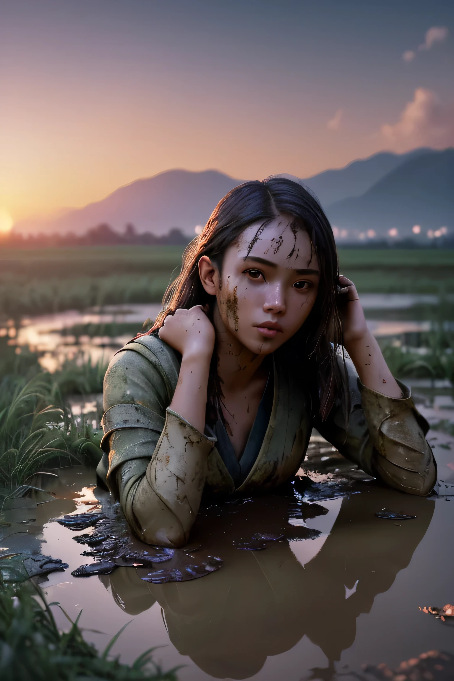 (masterpiece), (very complicated:1.3), (realistic), girl portrait, lying on her back floating on the surface of the mire, (dynamic perspective), the most beautiful in the world, (clothes covered with mud), from above, upper body, navel, outdoor, intense sunlight, distant factory group, Kure, Hiroshima, Stunning female professional photo details, sharp focus, dramatic, Award history, cinematic lighting, Octane Rendering Unreal Engine, volumetrics dtx, (film grain, blurred background, blurred foreground, Bokeh, Depth of the bounds written, sunset, motion blur:1.3)