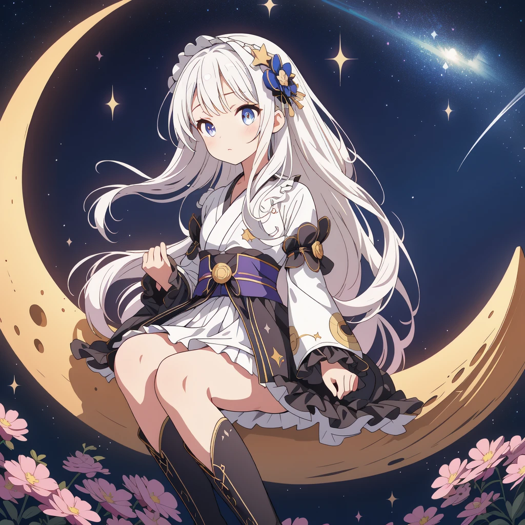 Star Fairy、(masterpiece, best quality), 1girl, sitting on the crescent moon、「A beautifully printed galaxy patterned kimono and gothic lolita outfit.、Space pattern box pleated mini skirt with ruffles、Front view portrait、Knee-high boots、enchanting eyes、Perfect and stunning face、exquisite details、clear image、highest quality。」Milky white long straight hair、