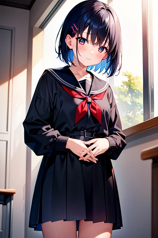NFSW、masterpiece、Highest image quality、ultra high resolution、Medium-sized elementary school girl、black short hair、The inside of the hair has blue coloring.、(Two red hairpins)、red face、shyly、excited、hide your face with your hands