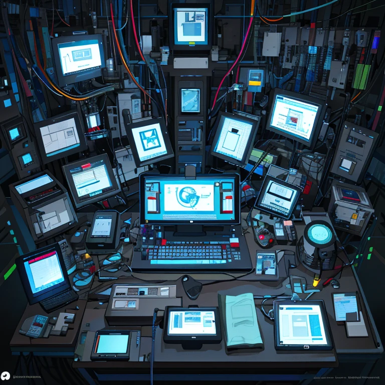 Interactive cell phone maintenance website background image: An expert technician in a high-tech lab coat, manning a state-of-the-art repair station, with intricate cell phone components spread out before him. Circuit boards and wires illuminate the workspace, reflecting off his glasses as he intently focuses on his micro-soldering tool. A magnified view of a cell phone screen displays various diagnostic tests, while interactive icons populate the left sidebar for users to select and troubleshoot common issues. Practical toolkits and replacement parts are neatly arranged, ready for immediate use. The overall atmosphere radiates a sense of knowledge, expertise, and convenience, inviting users to engage and solve